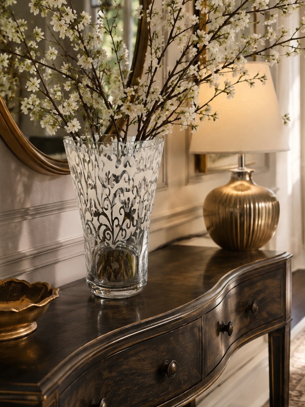 PartyLite Clear Glass Vase with Etched Floral Motif